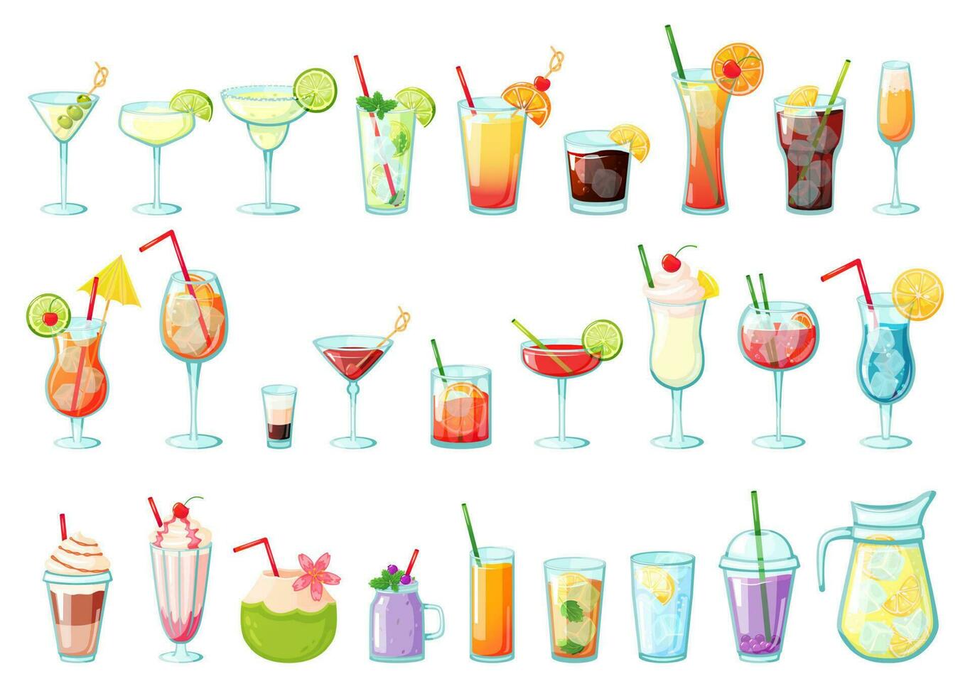 alkohol drycker samling, färgad cocktails med sugrör och paraply vektor