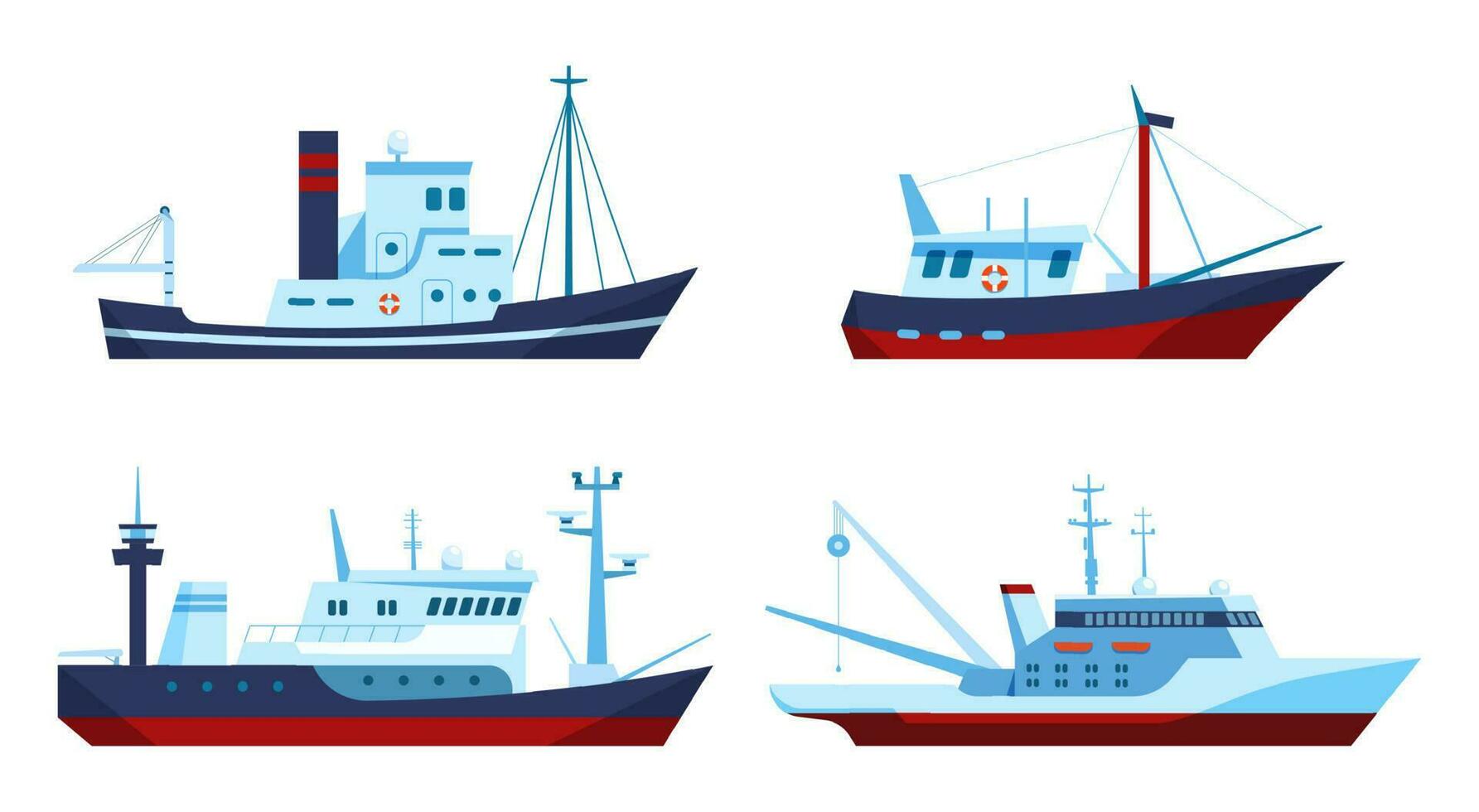 fiske båtar. fartyg med Utrustning för fångst fisk och transport. fordon för vatten resa med tågvirke vektor