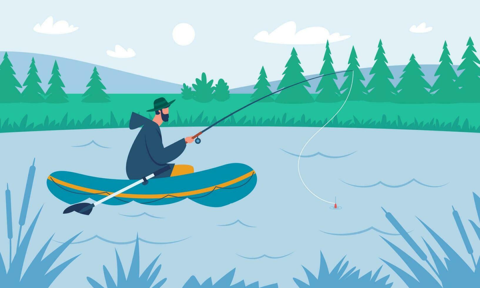 fiskare fångst fisk med fiske stång på sjö eller flod. fiskare med stång på båt, sommar utomhus- fritid aktivitet vektor uppsättning illustration
