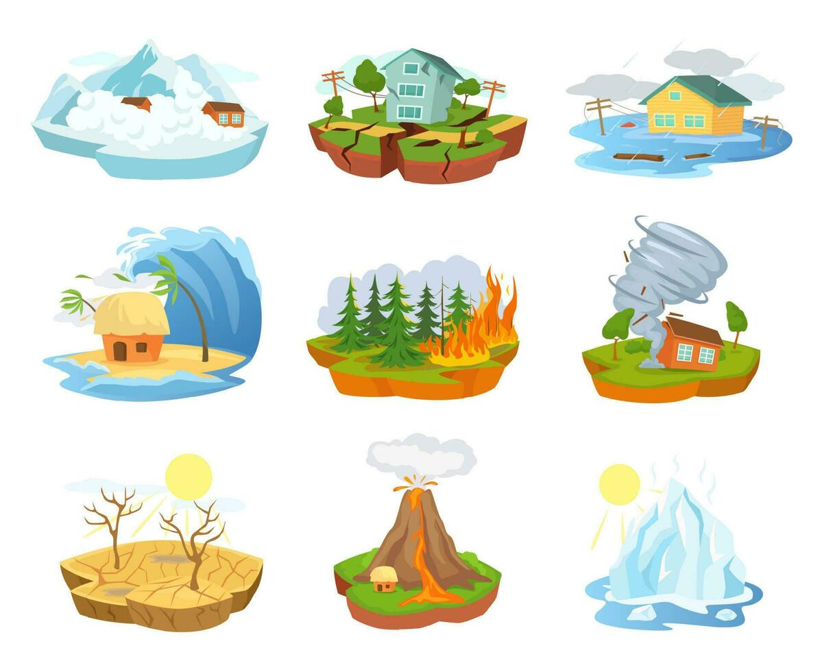 tecknad serie naturlig katastrofer och katastrofer, extrem väder. jordbävning, översvämning, skog brand, orkan, tsunami katastrof vektor uppsättning