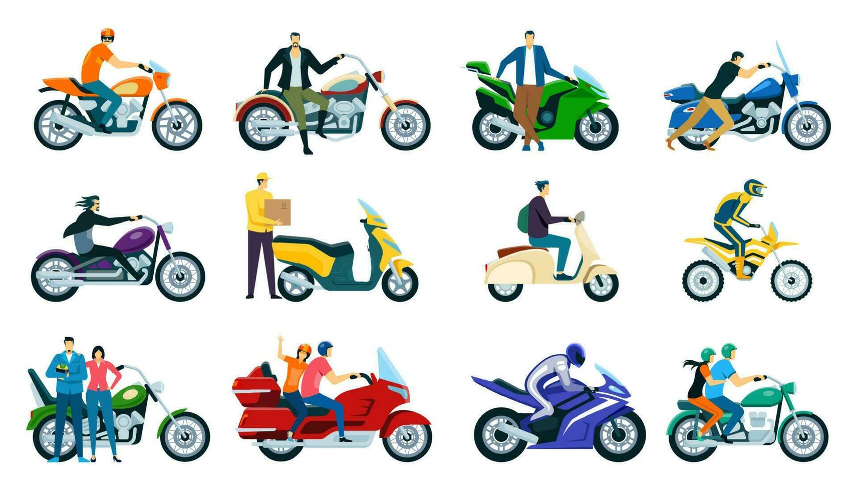 Zeichen Reiten Motorräder und Roller, Motorrad Reiter. Männer und Frauen Fahren Motorräder, Lieferung Mann auf Roller Vektor einstellen