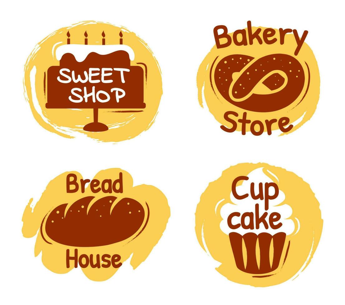 bageri text logotyp, ljuv affär, bröd hus etiketter. bageri Lagra logotyp med pretzel. muffin tecken för konfektyr vektor