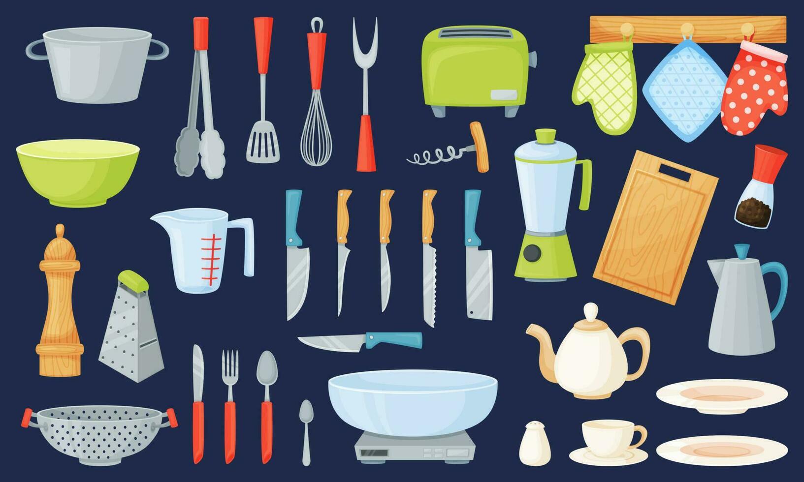 tecknad serie kök redskap och verktyg, matlagning Utrustning, köksutrustning. bestick, pott, kastrull, kopp, skål, kokkärl element vektor uppsättning
