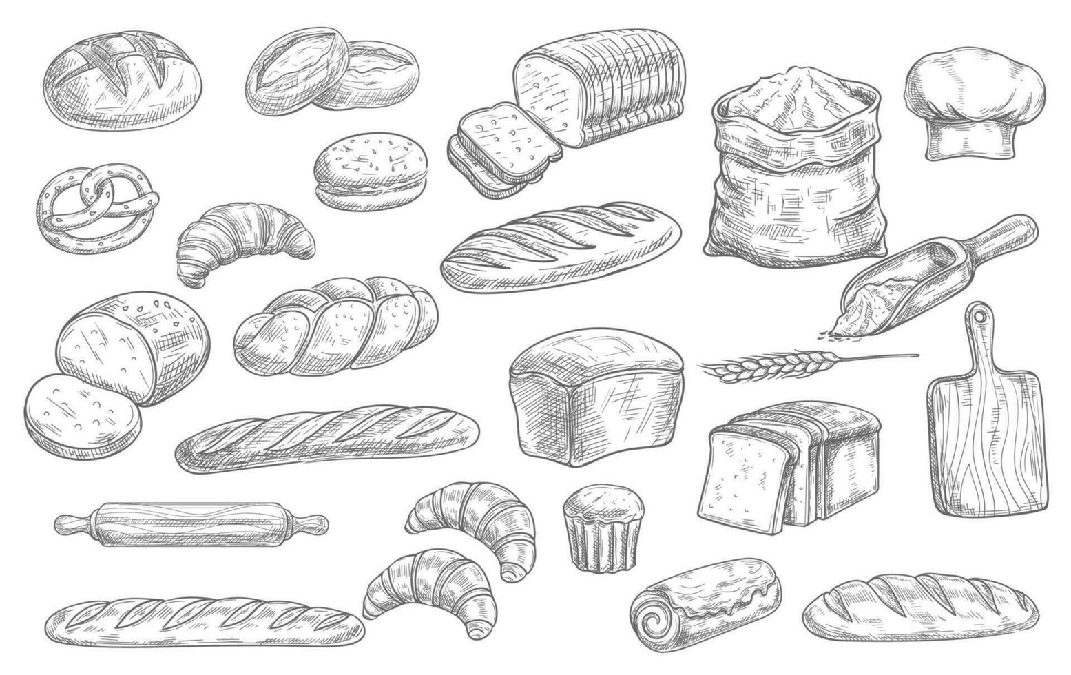 bröd och bageri mat skisser, graverat bakverk vektor