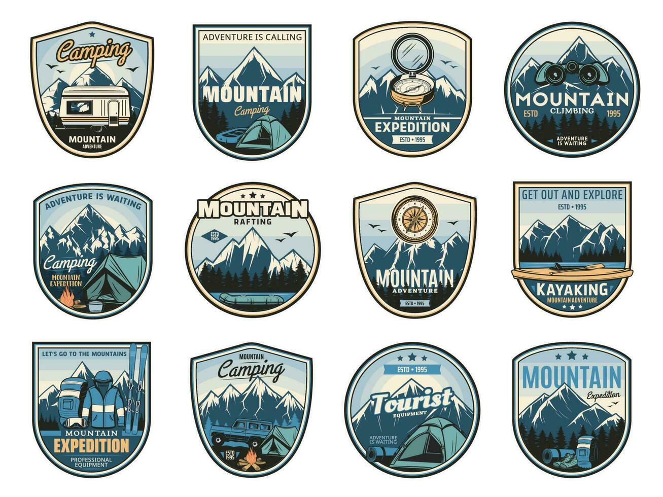 berg camping expedition resa äventyr ikoner vektor