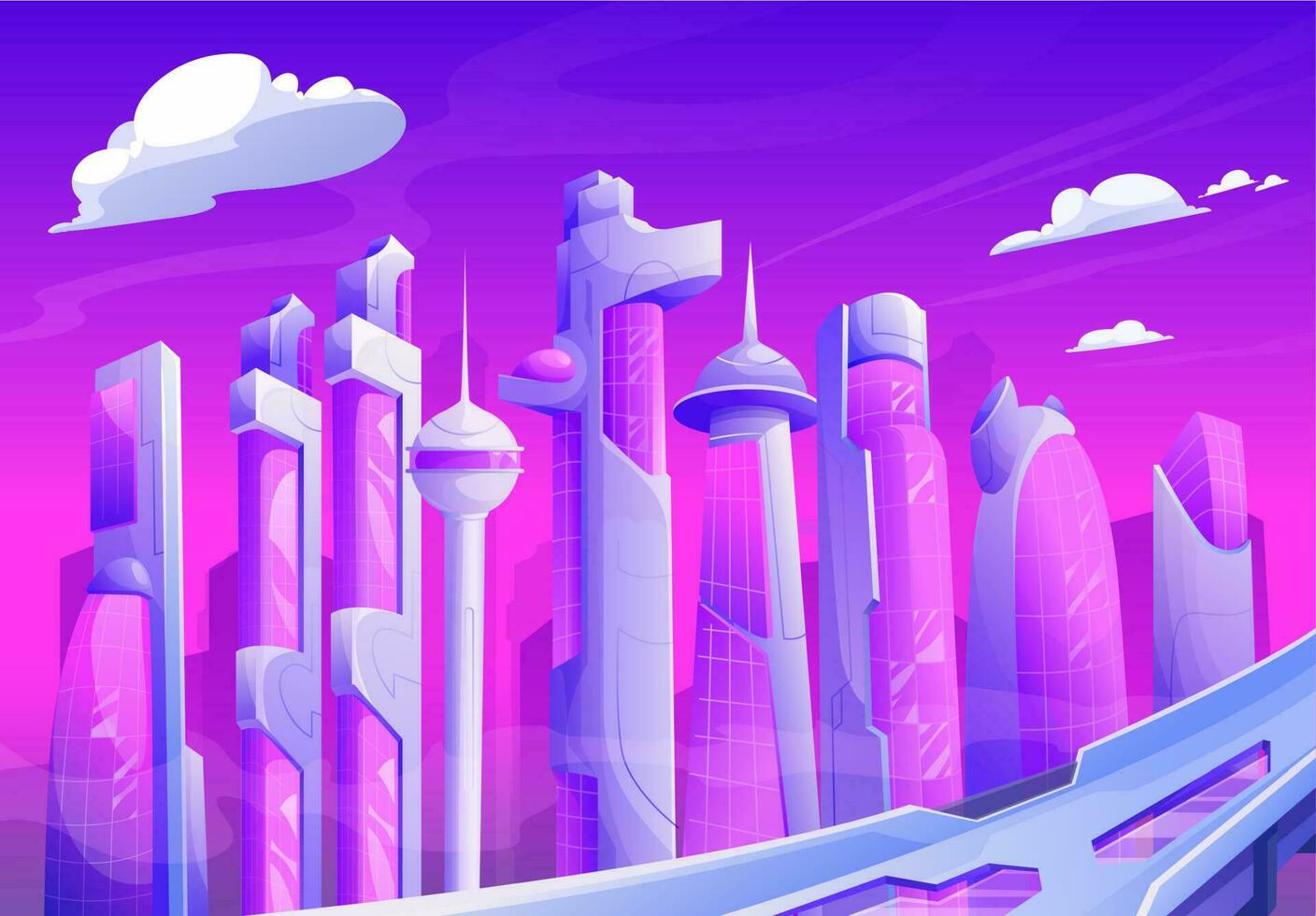 framtida stad solnedgång, trogen fantasi skyskrapor vektor