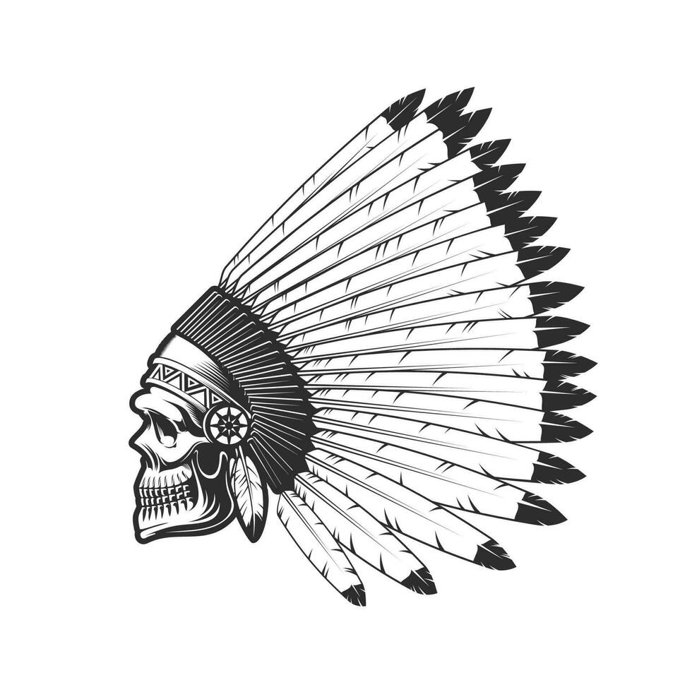 indisk chef skalle, inföding amerikan i fjäder hatt vektor