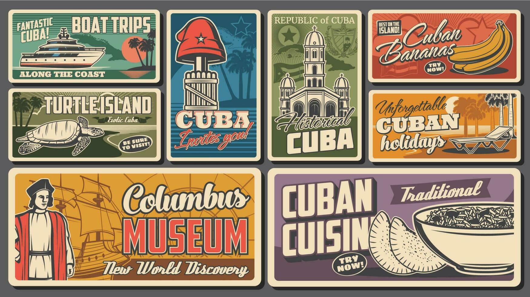resa till kuba retro vektor banderoller. kuban turism