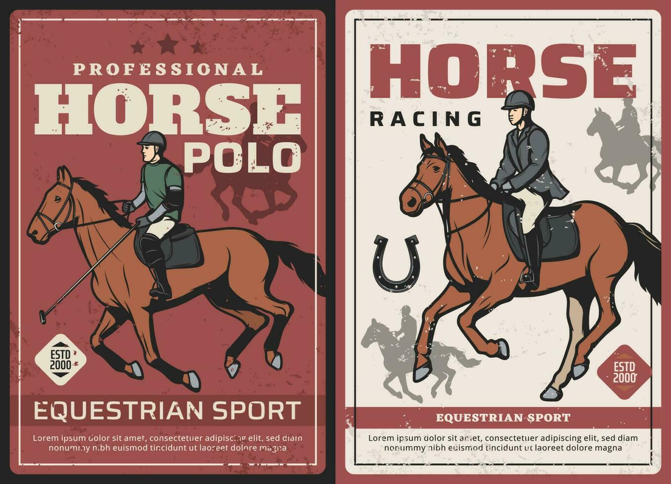 häst tävlings och polo sport retro vektor posters