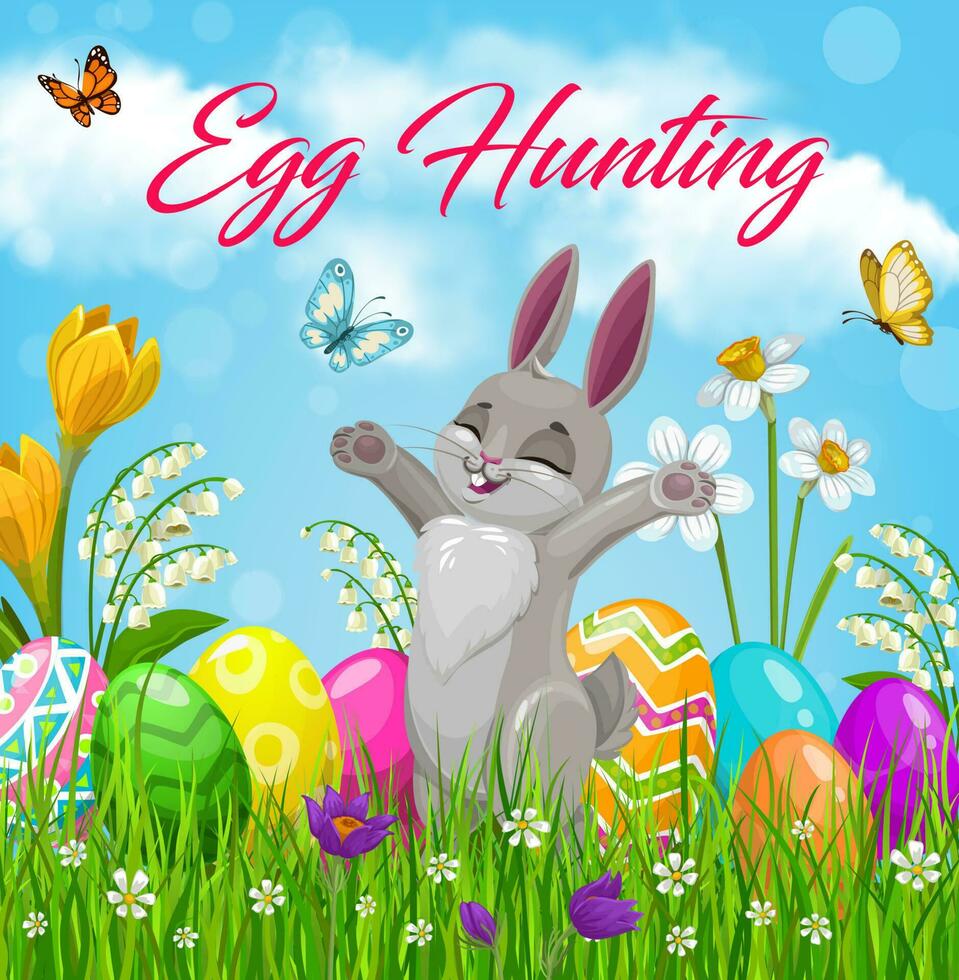 Ostern Ei jagen Hase auf Grün Gras mit Blumen vektor