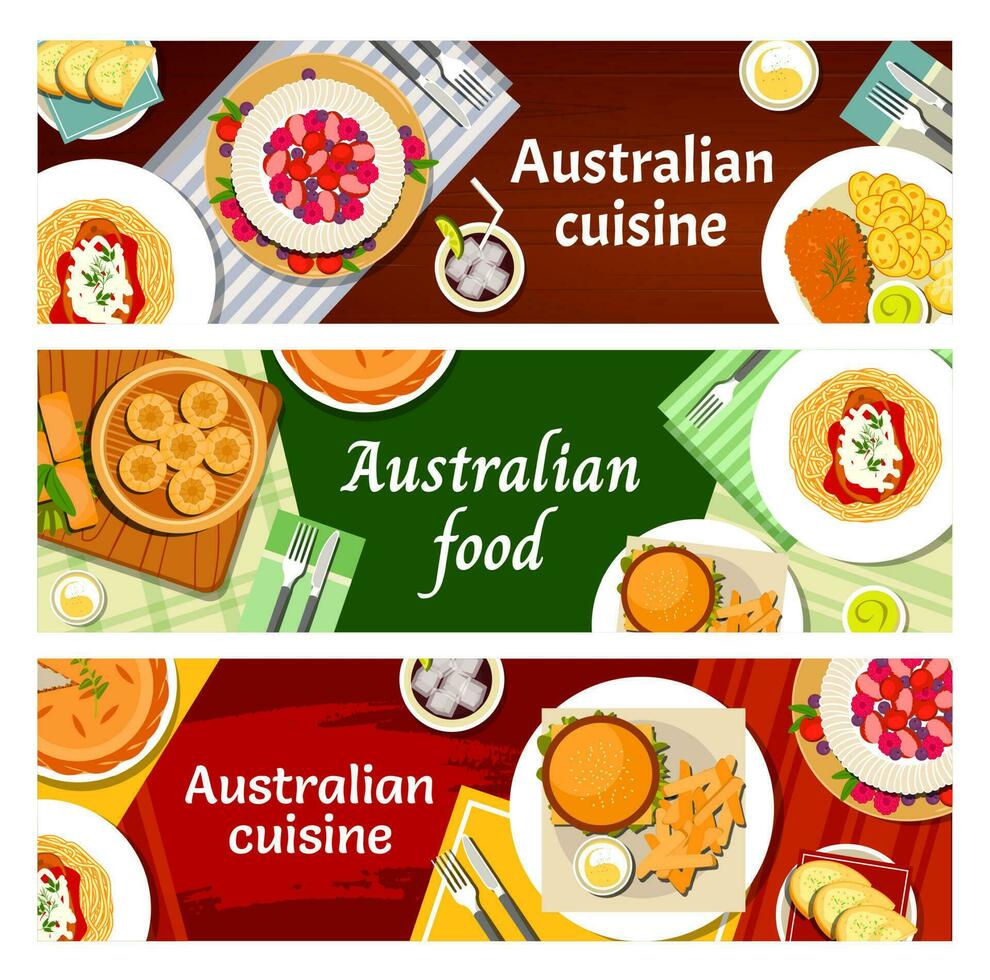 australisch Essen Küche, Speisekarte Mahlzeiten Geschirr Banner vektor