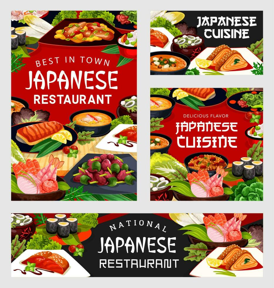 japanisch Küche Essen Speisekarte, Japan Mahlzeiten und Geschirr vektor