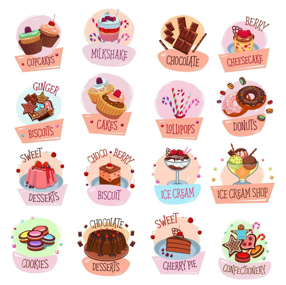 Süßigkeiten, Nachspeisen, Eis Sahne und Schokolade Symbole vektor