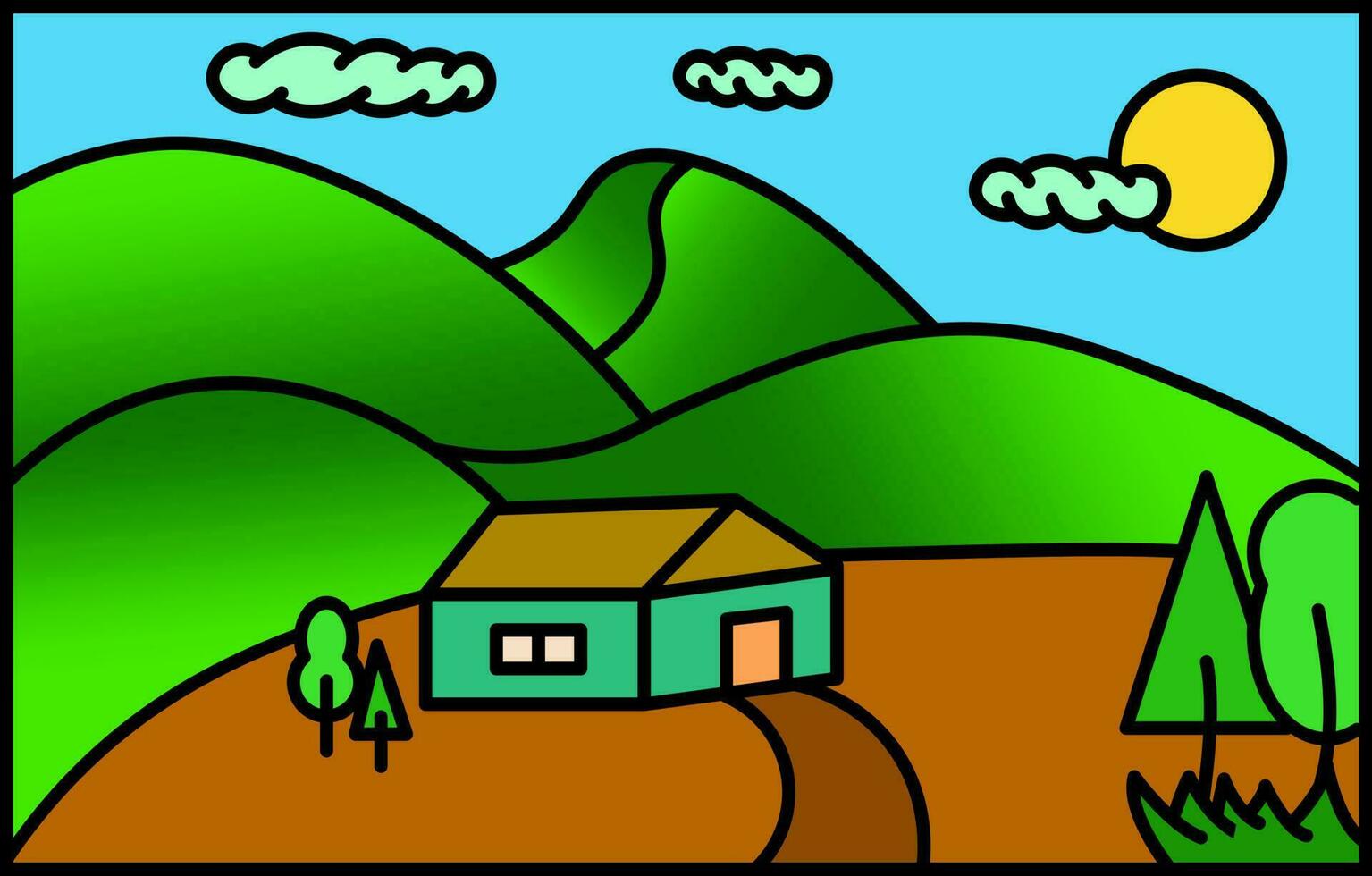 Linie Illustration. Aussicht von Berge und Häuser vektor