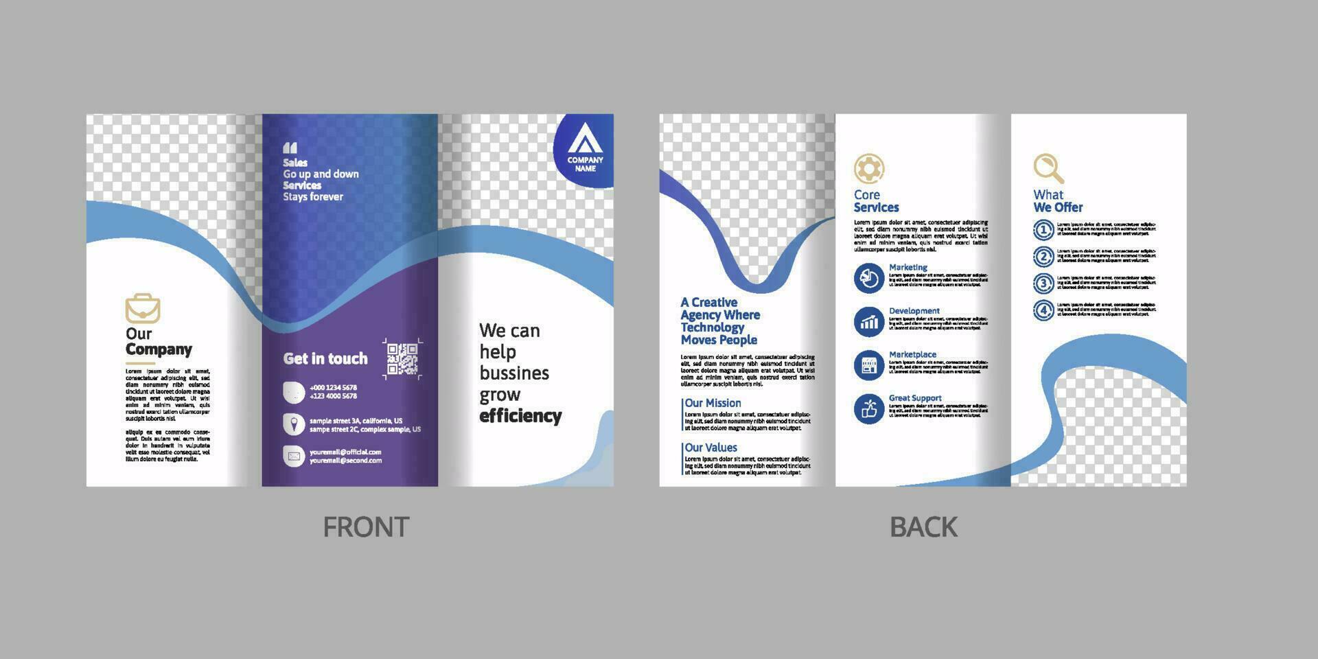 trifold två sida, företag broschyr mall vektor