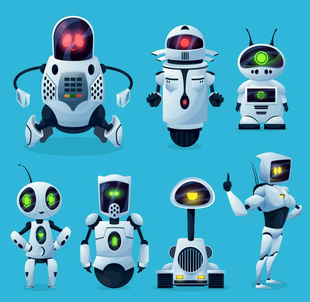 Roboter, Karikatur ai Chatbots und Bots, Kind Spielzeuge vektor