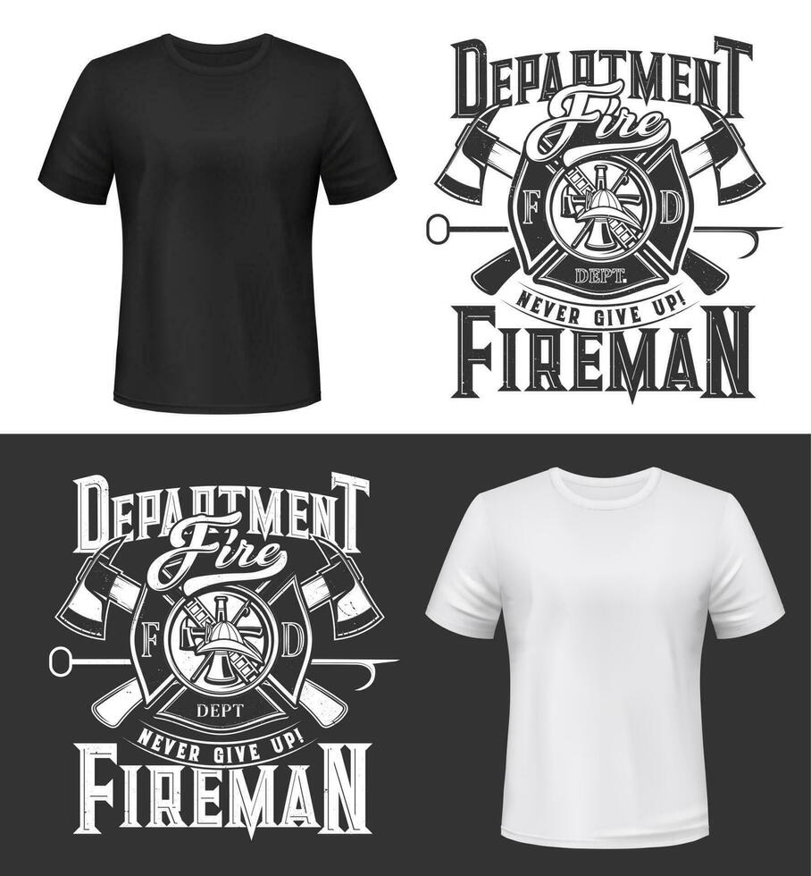 T-Shirt drucken mit Feuerwehrleute Helm, Axt, Leiter vektor