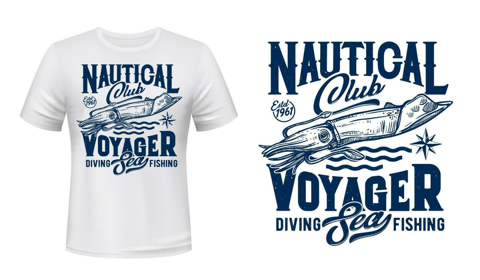 fiske och dykning klubb t-shirt skriva ut med bläckfisk vektor
