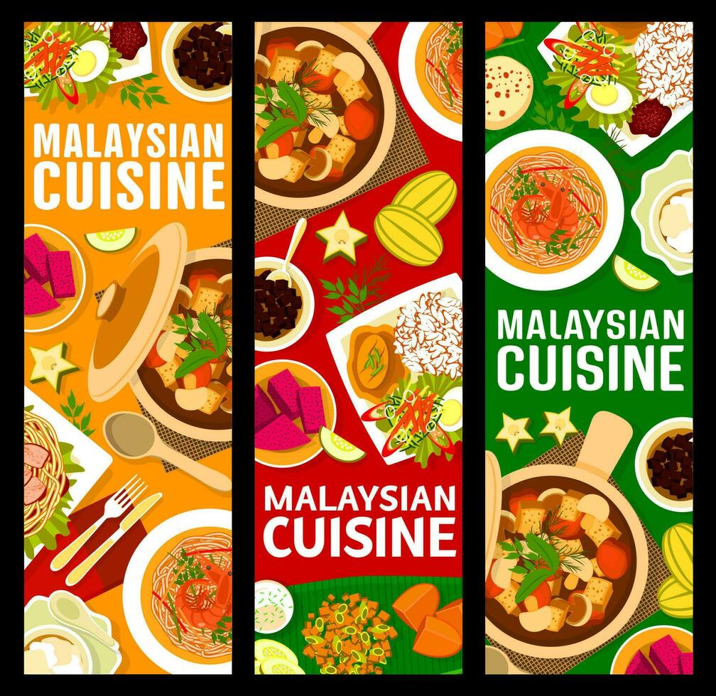 malaysisch Küche Essen Banner, asiatisch Geschirr Mahlzeiten vektor