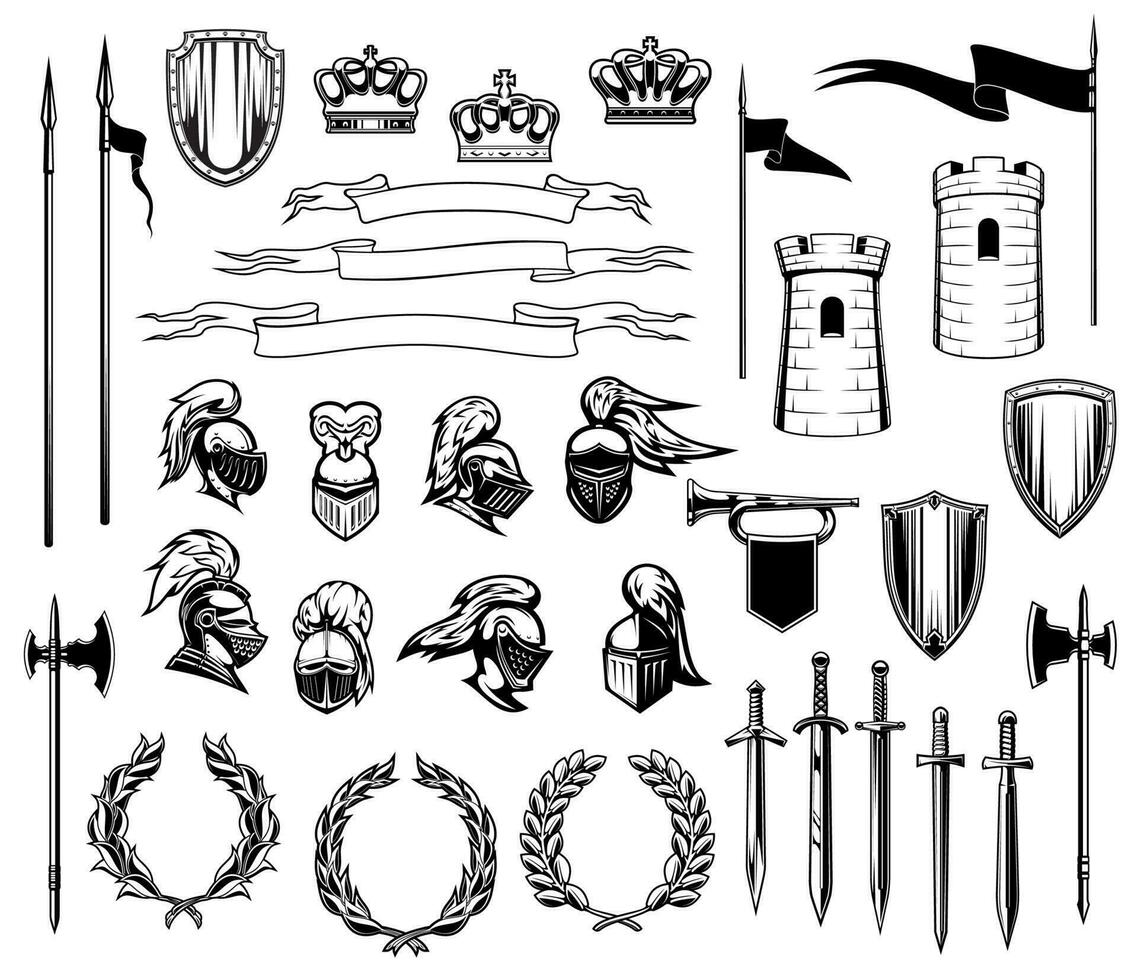 riddare heraldik, sköldar, kronor, rustningar, svärd vektor