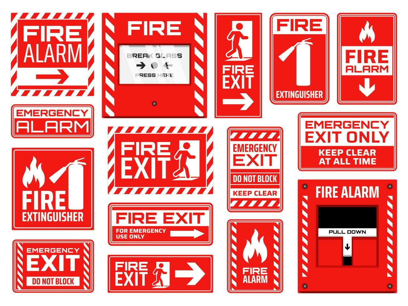 brand nödsituation utgång, eldsläckare och larm tecken vektor
