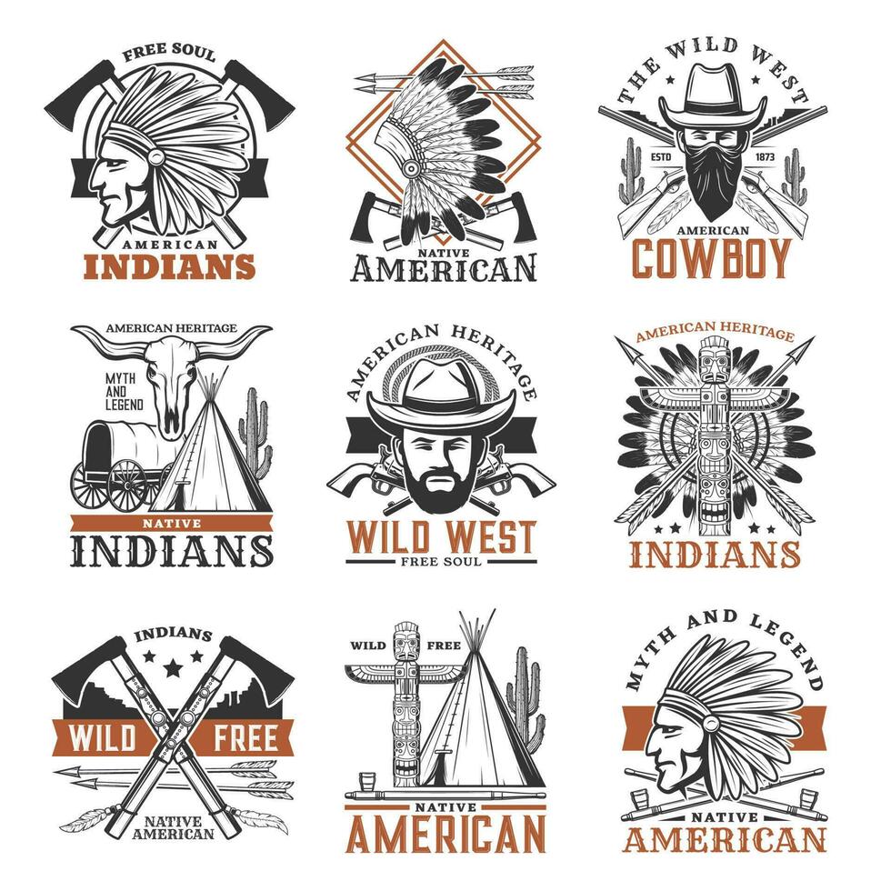 vild väst cowboy, amerikan indianer vektor ikoner