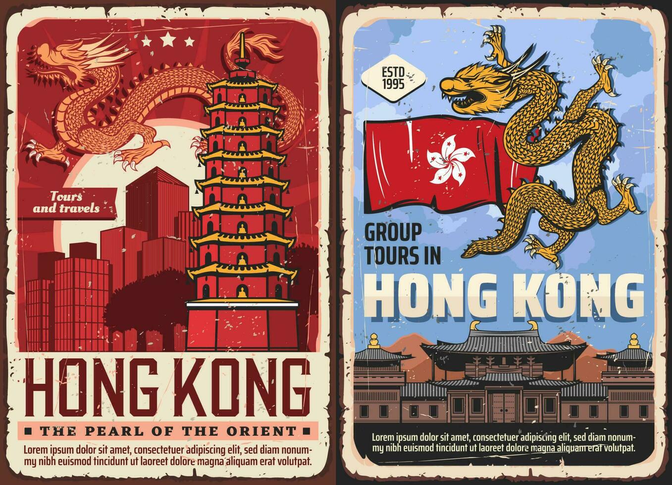 Hong kong Reise Vektor Chinesisch Sehenswürdigkeiten Plakate