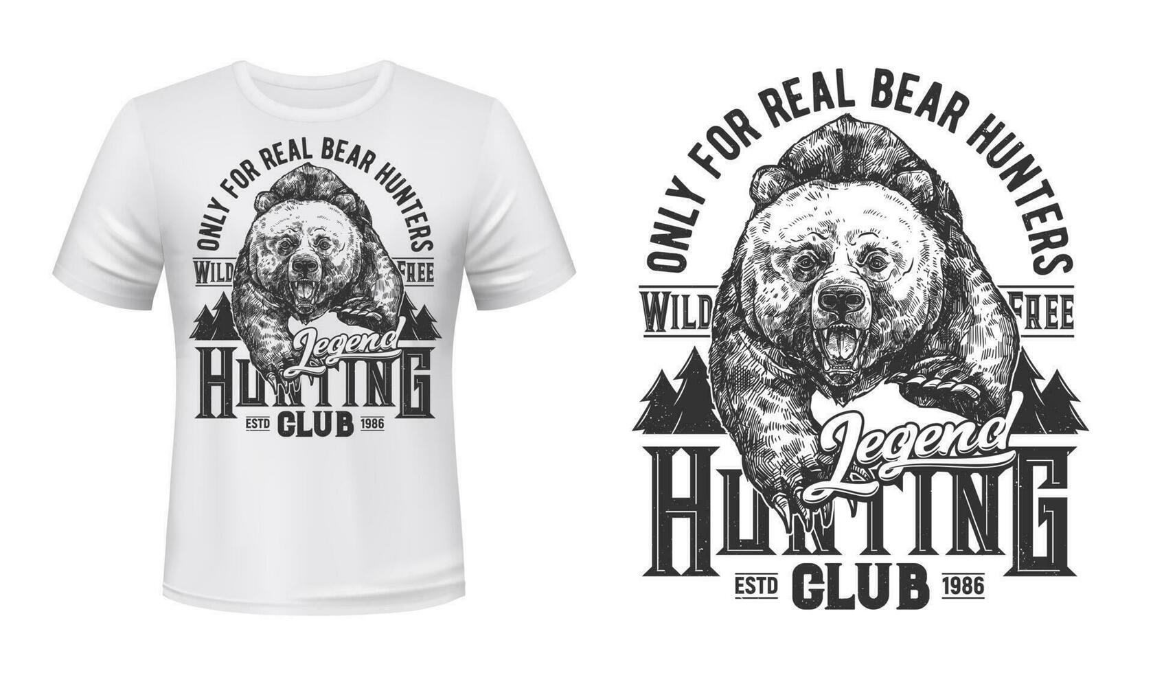 Björn jakt klubb t-shirt skriva ut attrapp vild djur- vektor
