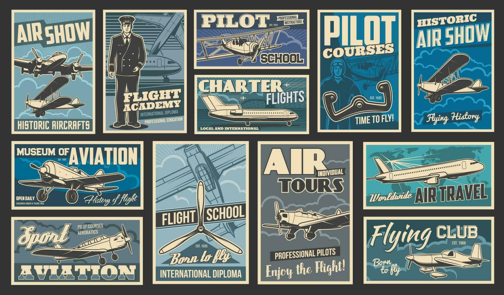 Flugzeug Fliege, Flugzeug Flug Luftfahrt retro Plakate vektor