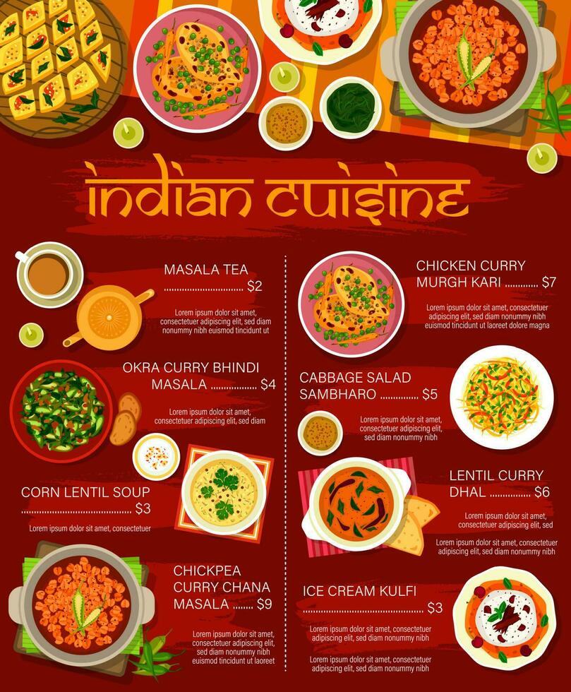 indisk restaurang meny, krydda mat, curry maträtter vektor
