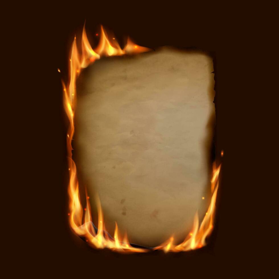 papper brinnande i brand flamma, realistisk bränd papper vektor
