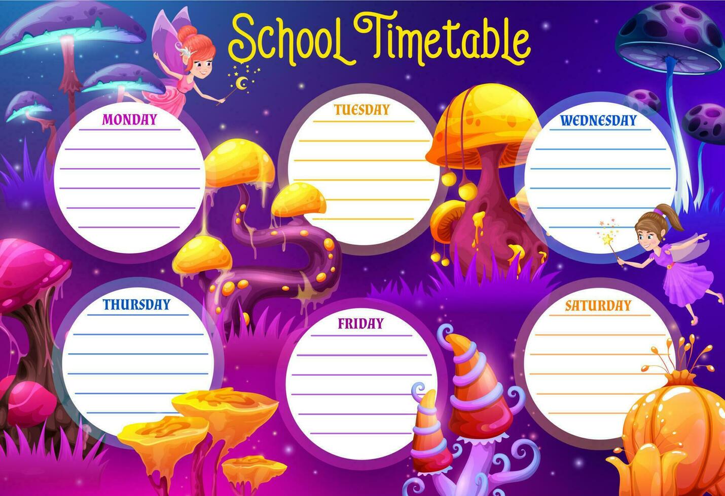 Schule Zeitplan Zeitplan mit Fee und Pilze vektor