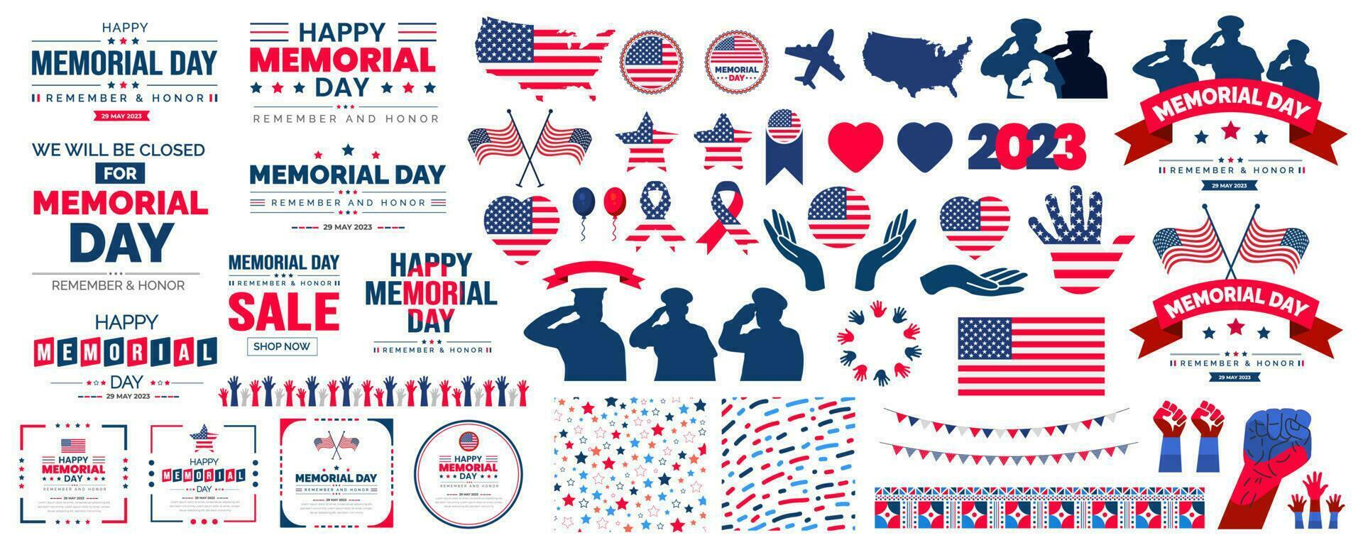 Lycklig minnesmärke dag text, typografi, USA flagga och minnesmärke dag element stor uppsättning bunt design. USA flagga, de staty av frihet fyrverkeri, ballonger, och många Mer illustrationer i ett stor bunt. vektor