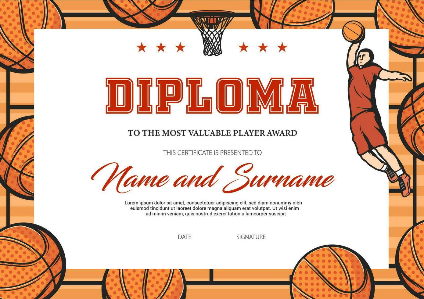 Zertifikat zum Basketball die meisten wertvoll Spieler vektor