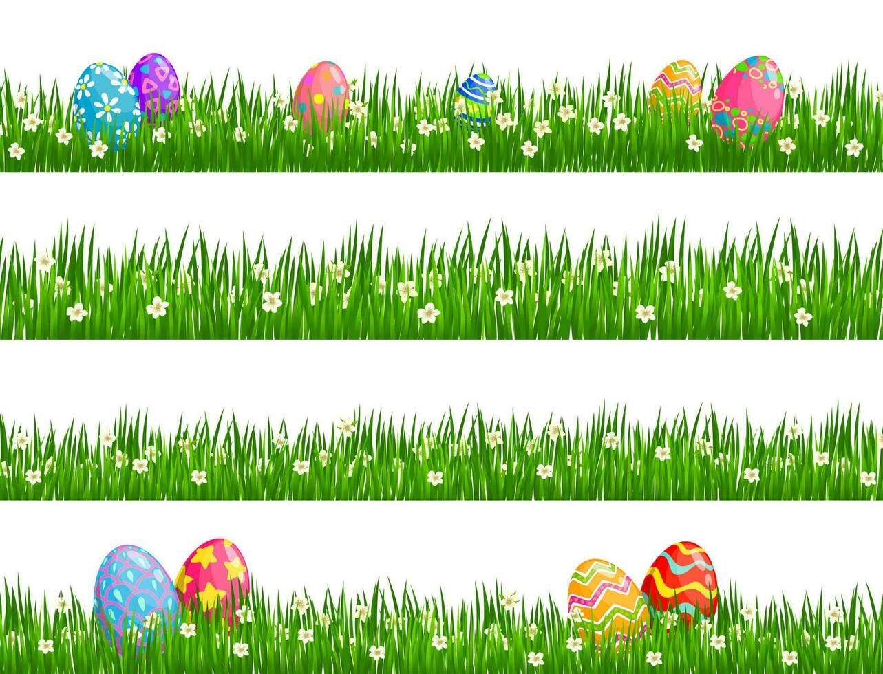 Ostern Ei jagen Grenzen von Grün Gras, Blumen vektor