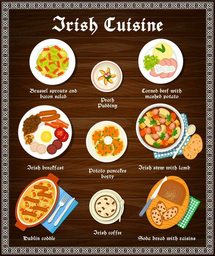 irländsk mat kök meny maträtter och irland måltider vektor