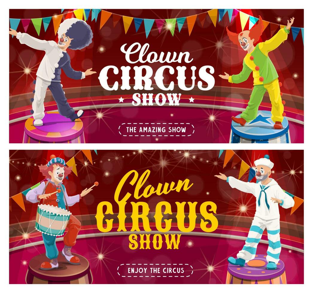 cirkus clown tecknad serie baner av karneval visa joker vektor