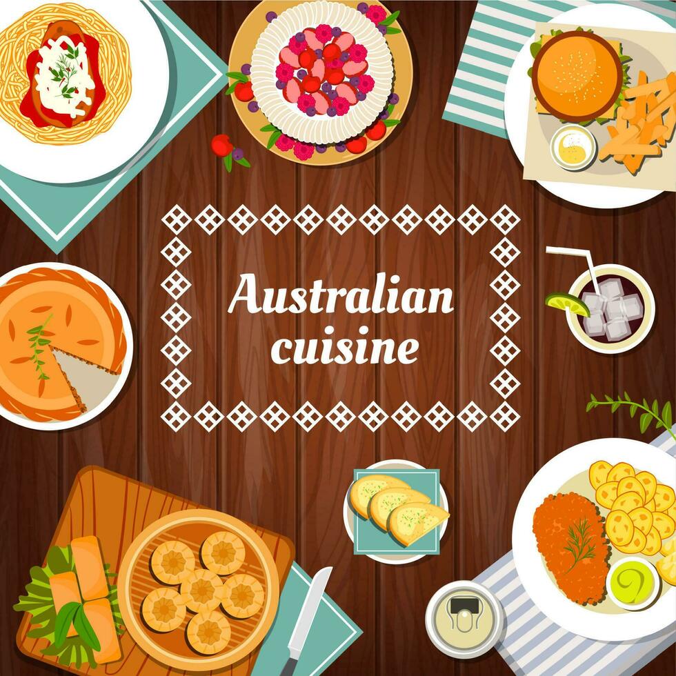 australisch Essen Küche, Speisekarte Geschirr und Mahlzeiten vektor