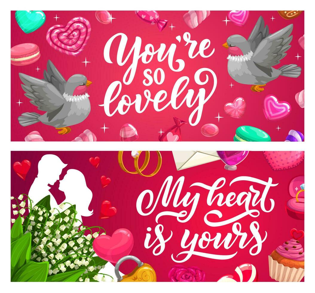 valentines dag banderoller, kärlek Semester gåvor, hjärtan vektor