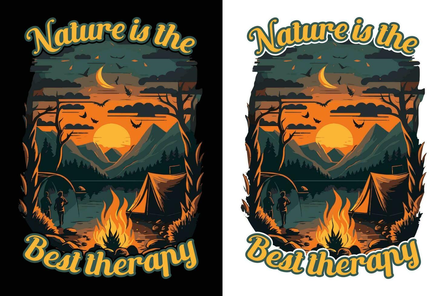 Camping T-Shirt Design, Reise T-Shirt drucken, Abenteuer Berg, Sublimation drucken, Design draussen, Zelt Camping im ein Wald in der Nähe von das Berge vektor