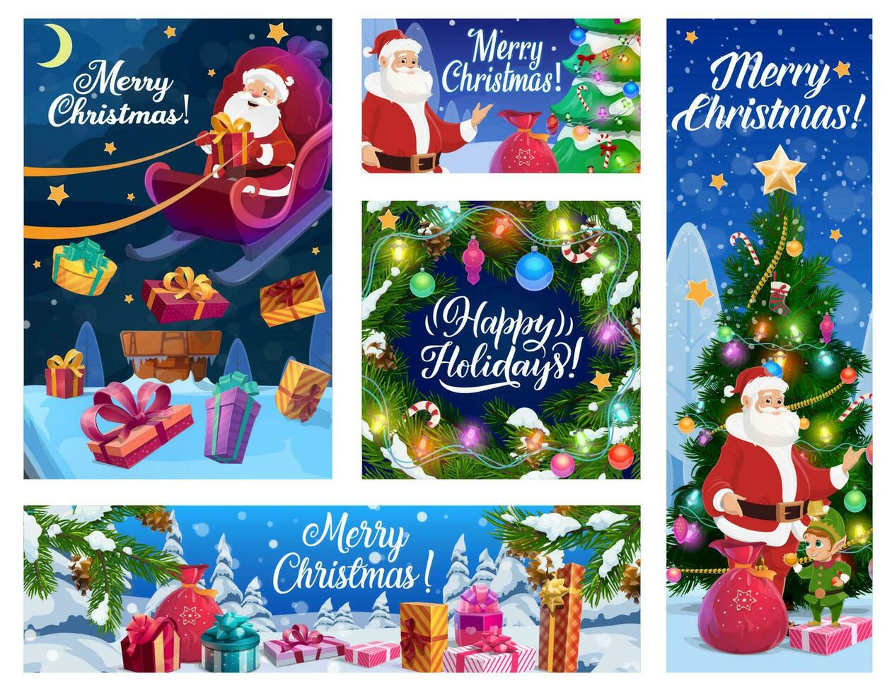 Santa auf Dach, Weihnachten Geschenke, Weihnachten Baum und Elf vektor