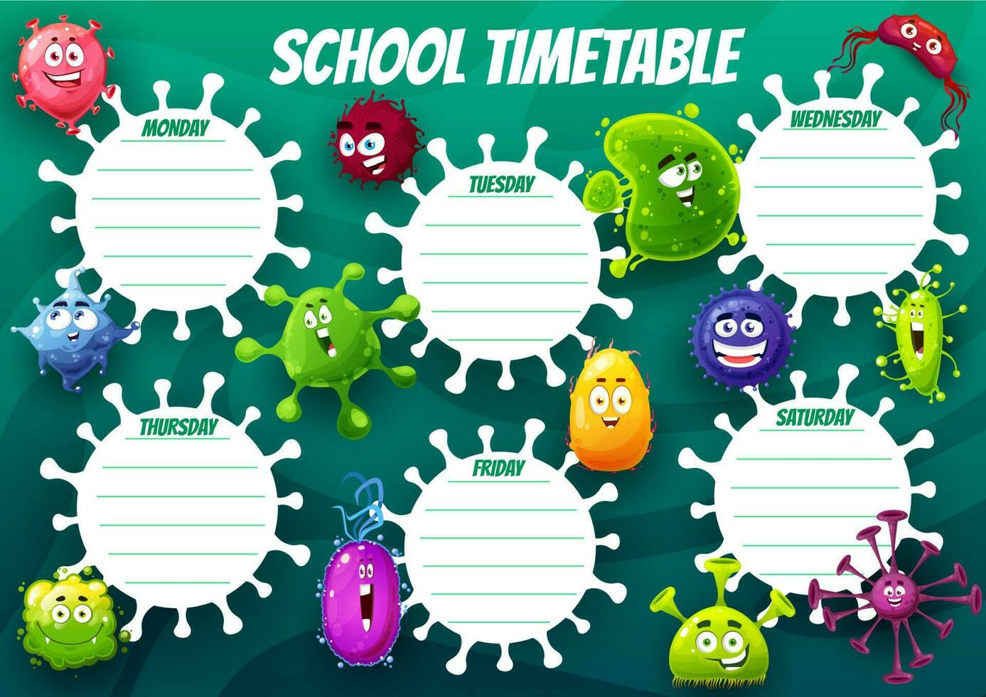 Bildung Schule Zeitplan Karikatur Virus Zellen vektor