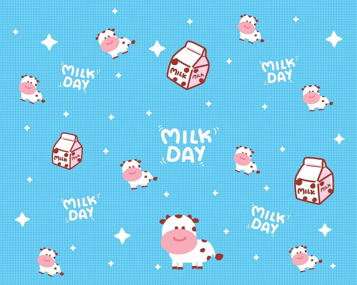 söt ko och mjölk box mönster, mjölk dag tecknad konst illustration vektor