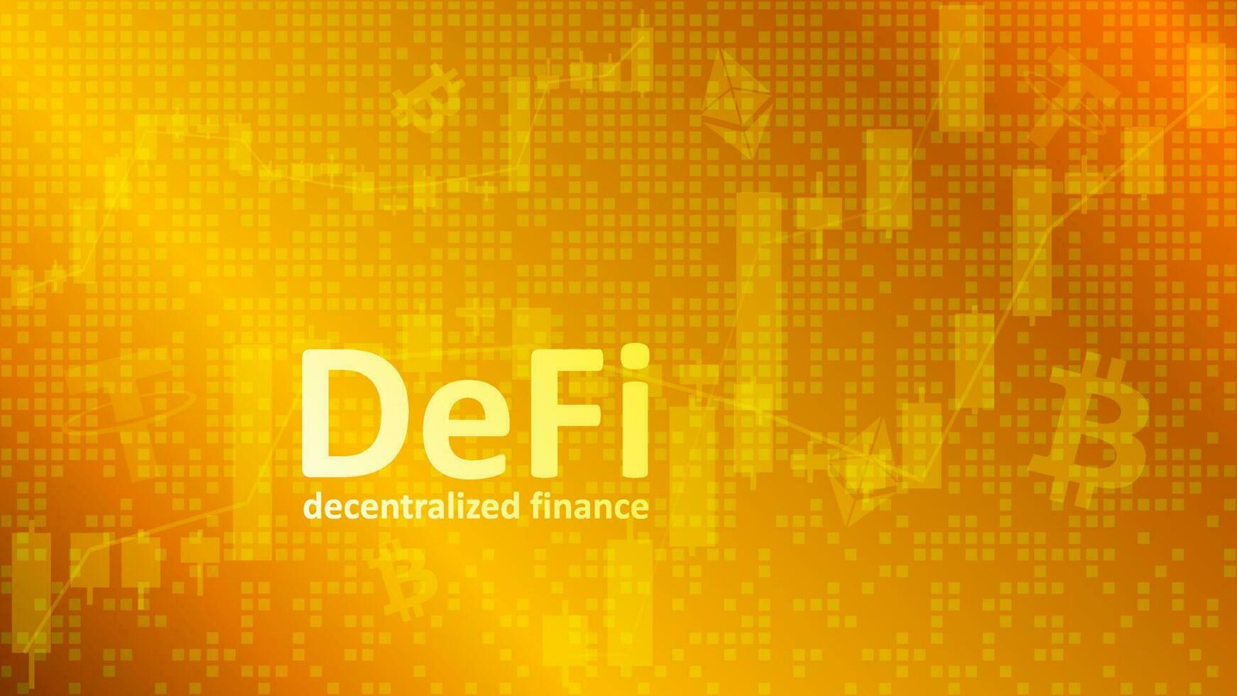 defi dezentral Finanzen auf golden Hintergrund mit Grafiken und Münze Symbole. ein Ökosystem von finanziell Anwendungen und Dienstleistungen basierend auf Öffentlichkeit Blockchains. Vektor eps 10.