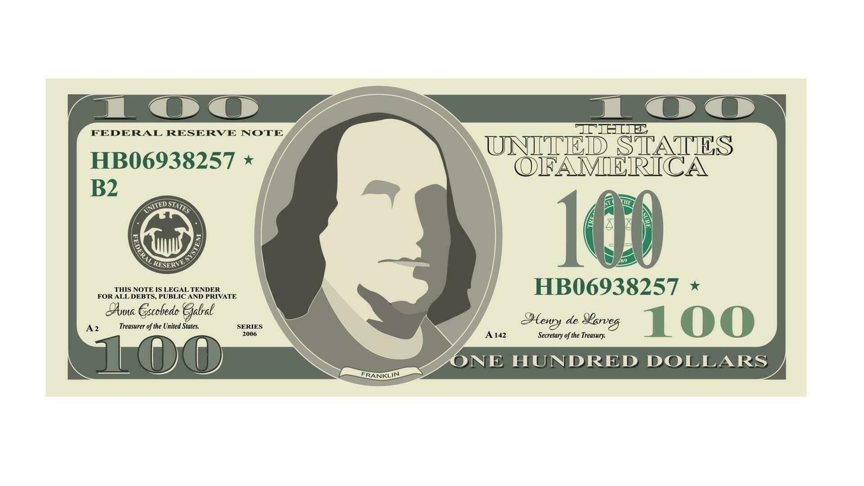 100 uns Dollar Papier Banknote isoliert auf Weiß. Vektor Folge10.