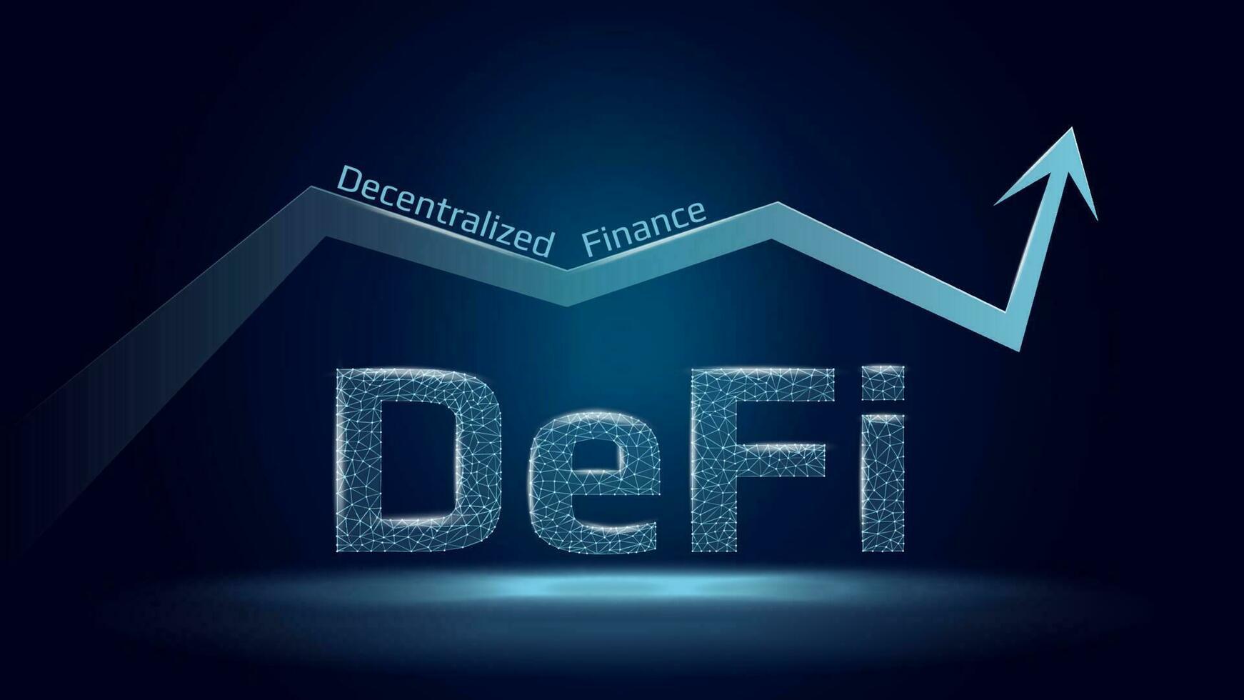 text defi decentraliserad finansiera och upp pil i polygonal trådmodell stil på mörk blå bakgrund. de tillväxt sektor av finansiell tillämpningar och tjänster. vektor illustration.