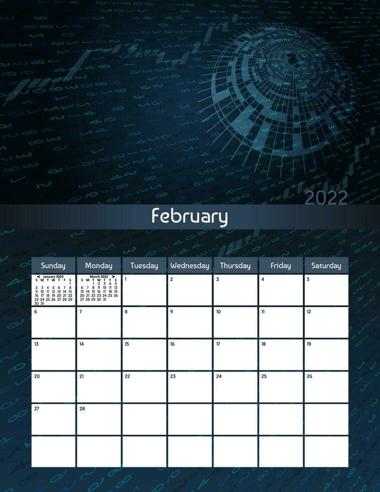 uns Brief Papier Größe Vektor futuristisch monatlich Planer Kalender Februar 2022 Woche beginnt auf Sonntag. Vertikale Technologie Veranstalter, Gewohnheit Tracker. bunt modern Illustration.