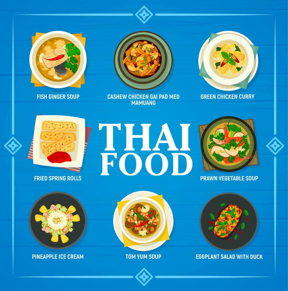 thailändisch Essen Vektor Speisekarte Thailand Küche Mahlzeiten.