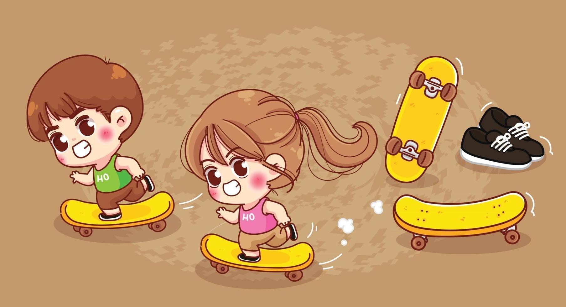 niedliche Jungen und Mädchen spielen Skateboard-Cartoon-Illustration vektor