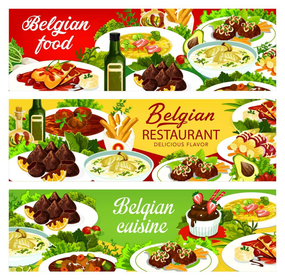 belgisk mat kök meny maträtt, restaurang banderoller vektor